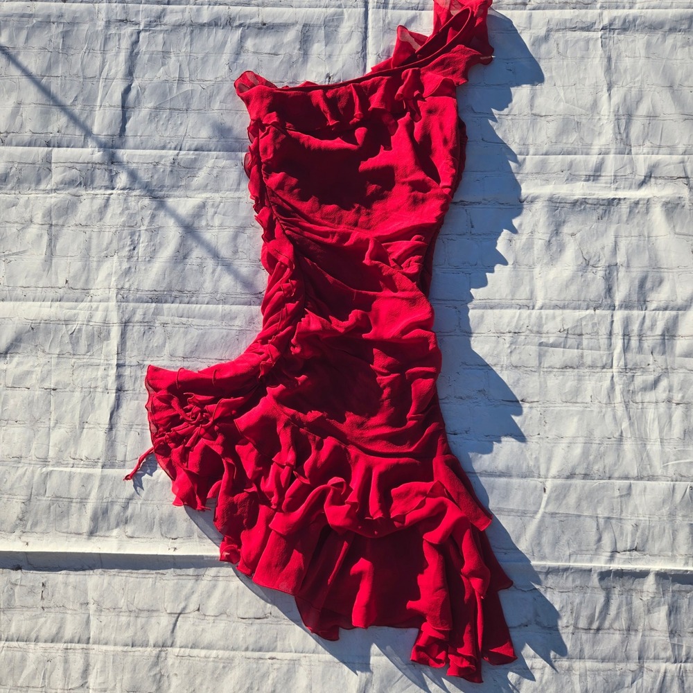 Express Red 100% Silk One Shoulder Ruffle Mermaid Jellyfish fairy Dress Y2K Sz 4